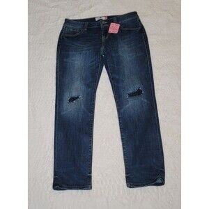 CAbi Patches Jeans Size 4 Slim Boyfriend Distressed Stretch Denim Mid Rise